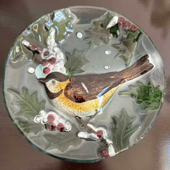 Fused Glass Bird Plate with Holly Berries, 7.75” - Picture 1 of 2